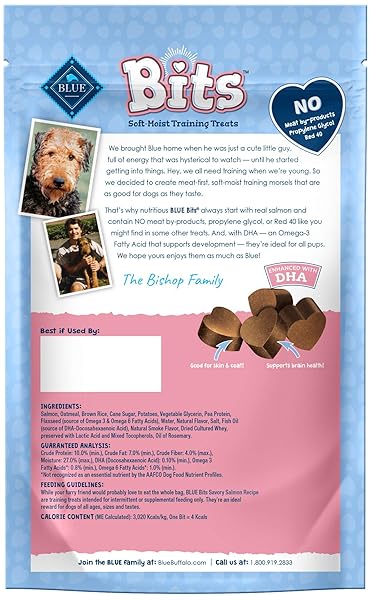 BLUE BUFFALO BITS SOFT DOG TREATS FOR TRAINING, MADE WITH NATURAL INGREDIENTS & ENHANCED WITH DHA, SALMON RECIPE, 4-OZ BAG