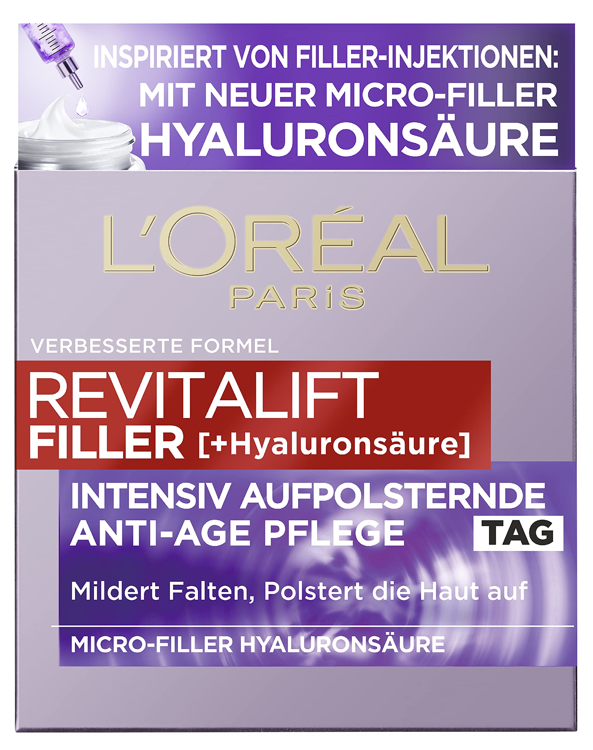 L'Oréal Paris Revitalift Filler, Hyaluronic Day Cream, Anti-Ageing Face Care with Micro-Filler Hyaluronic Acid for Moisture and Anti-Wrinkle Effect, 1 x 50 ml