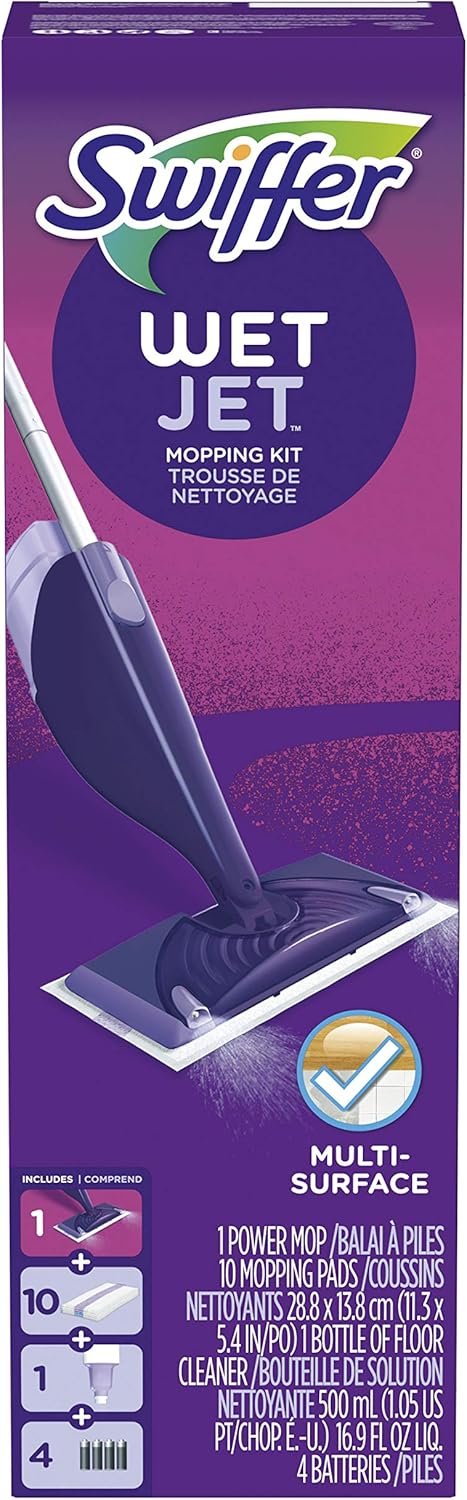Swiffer WetJet Hardwood and Floor Spray Mop Cleaner Starter Kit, Includes: 1 Power Mop, 10 Pads, Cleaning Solution, Batteries: Health & Personal Care