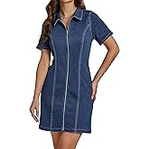 luvamia Denim Dresses for Women Summer Casual Zip Up Short Sleeve Western Short Stretchy Jean Dress with Pockets
