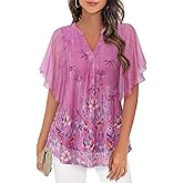 Timeson Women's Short Sleeve V Neck Blouses Shirts Floral Double Layers Mesh Tunics Tops