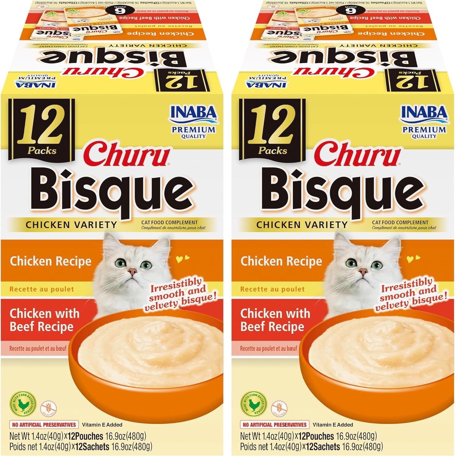 Photo 1 of *****EXP 01.27.2027****INABA Churu Bisque for Cats, Creamy Lickable Purée Side Dish with Vitamin E, 1.4 Ounces per Pouch, 24 Pouches Total, Chicken Variety