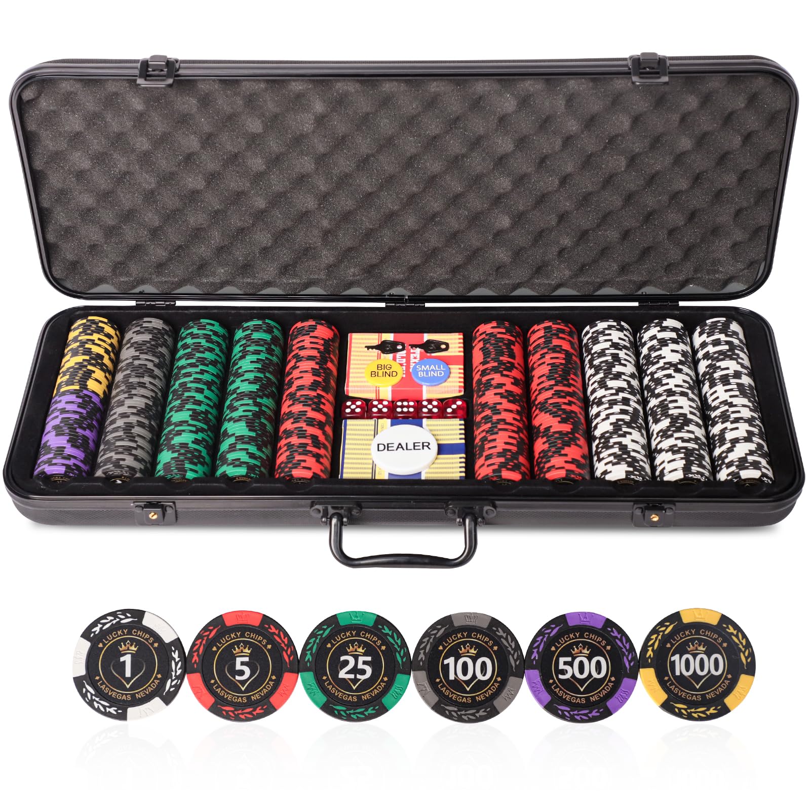 Photo 1 of GUSTARIA Clay Poker Chips for Texas Holdem,500 PCS 14g Chip Set with ABS Carrying Case,2 Decks of Cards, 5 Dice, 3 Buttons,Numbered Chips
