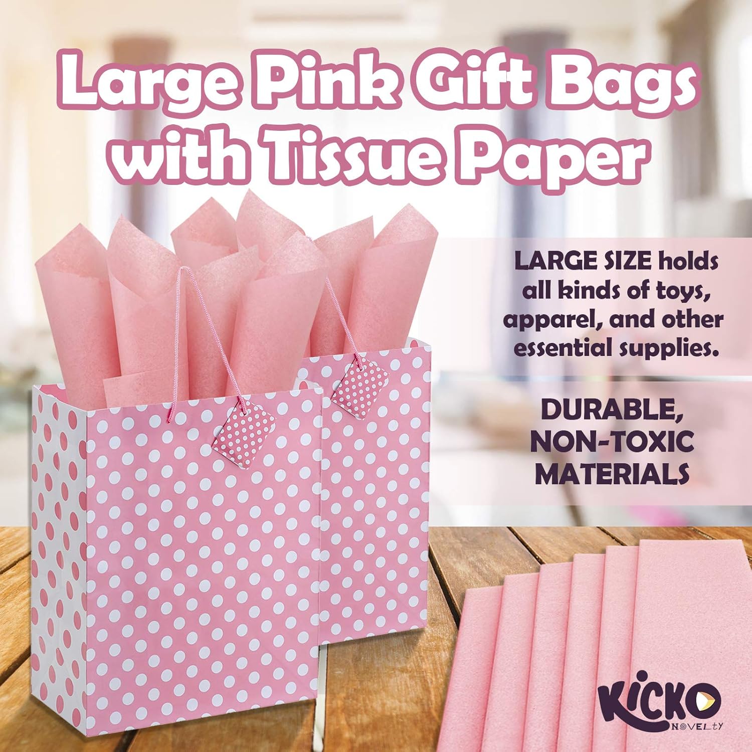 Kicko Large Pink Gift Bags with Tissue Paper - 23 Pieces - 13 Inches - for Party Favors, New Moms, Clothing, Books, Games, Puzzles, Stuffed Animals, Home Accessories, Cards, and More: Health & Personal Care