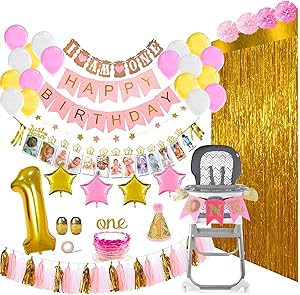 1st Birthday Girl Decorations and Party Supplies 133 Pcs - First Birthday Banners for Highchair, Balloons, 12 Months Milestones, Garlands, Cake Topper, Pom Poms, Party Hat, Backdrops, Pink, Pearl White, Gold Decor Pack