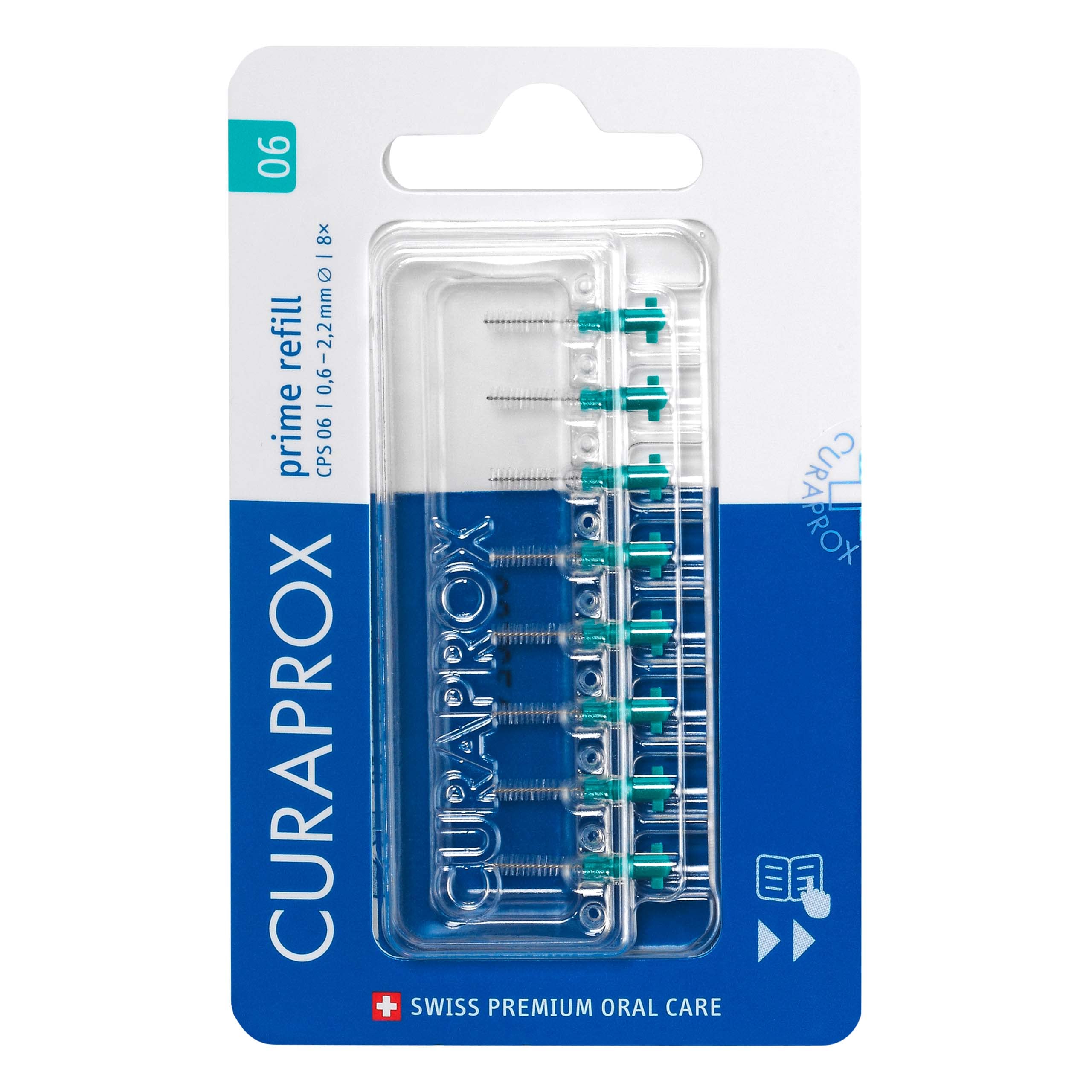 Curaprox Interdental Brush Refills CPS 06 Prime – ISO Size 0, Green | Ultra-Fine Filaments for Gentle Cleaning of Small Gaps | 8-Pieces | Made in Switzerland