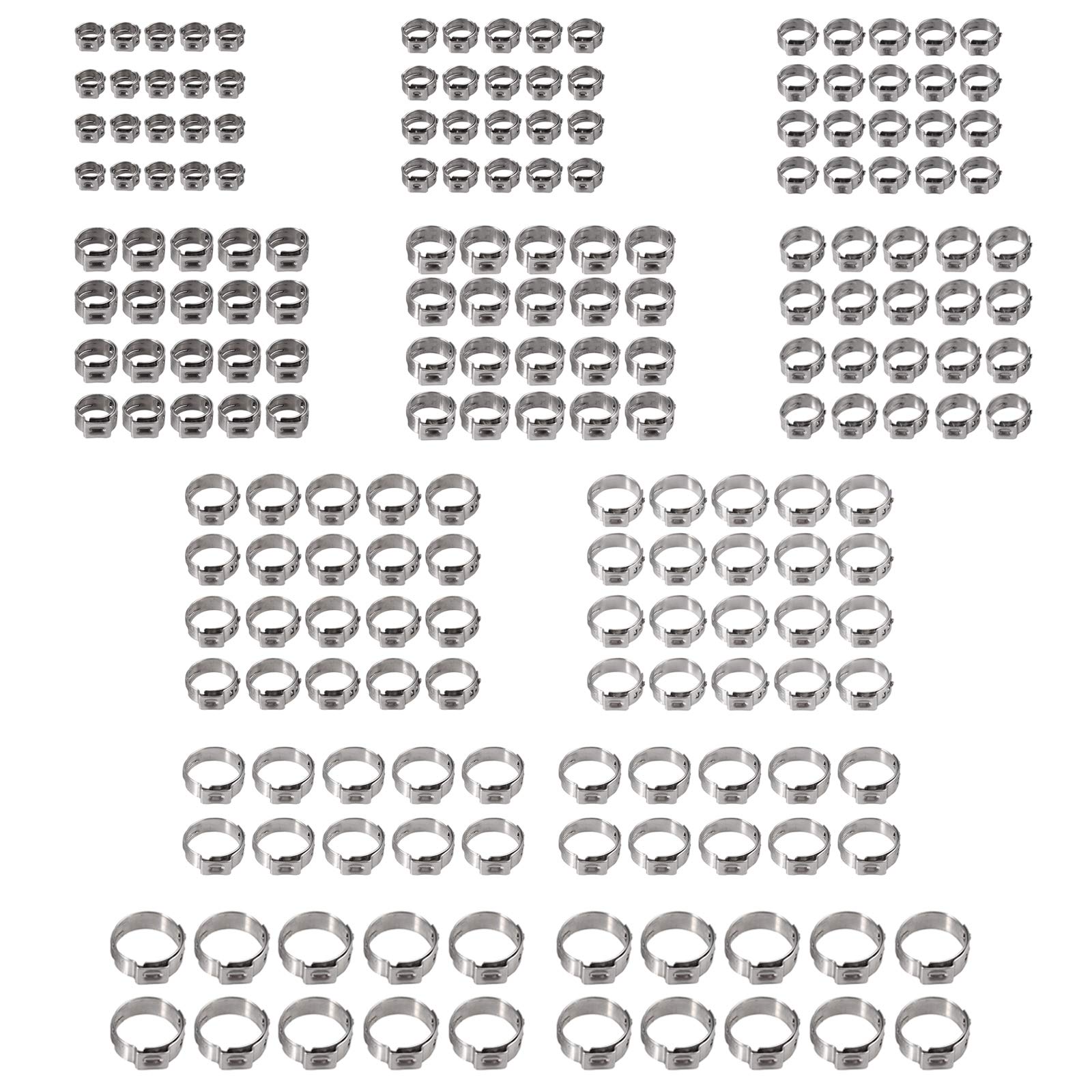 200Pcs Single Ear Stepless Hose Clamps Assortment (7-21mm), Premium Stainless Steel O-Clips, Pinch Crimp Rings for Automotive Fuel Line, Air Hose, Water Pipe & Plumbing