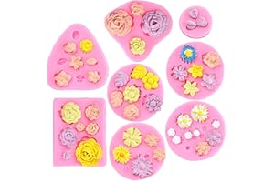 MAGIGIFT Flower Fondant Cake Molds-8 Pcs-Daisy, Rose, Chrysanthemum and Small Flower Leaf, Candy Silicone Molds for Chocolate Fondant Polymer Clay Soap Crafting Projects & Cake Decoration