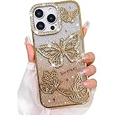 Bonoma Glitter Case for iPhone 14 Pro Max, Cute 3D Butterfly Pattern Plating Bling Case,Camera Protection Sparkly Slim Soft Back Cover for Women Girls,Gold