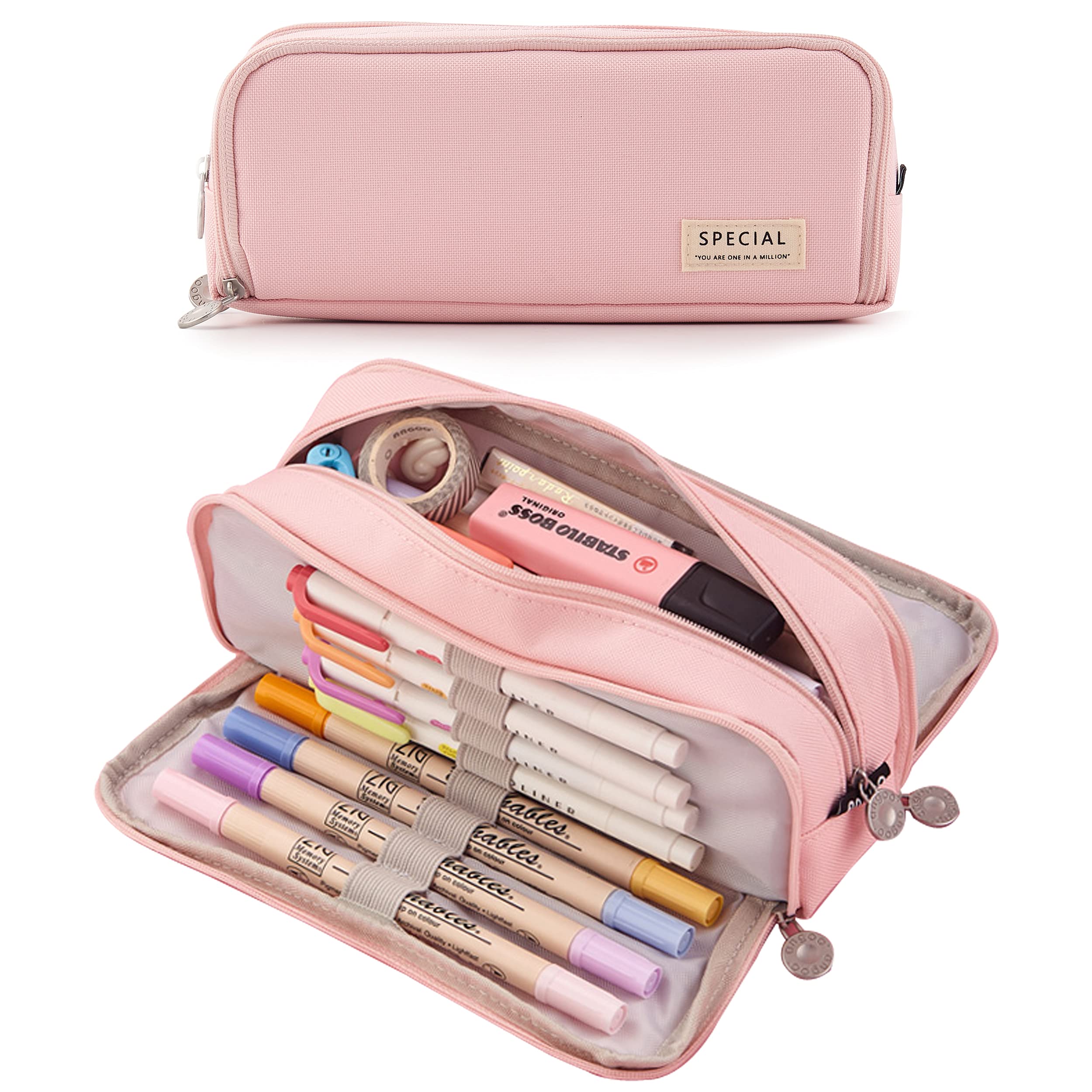 MAMUNU Pencil Case Large Pencil Cases for Girls Boys Big Capacity Pencil Pouch with 3 Compartments School Stationary Office Storage Makeup Bag for Teenage Adults Women Men (Pink)