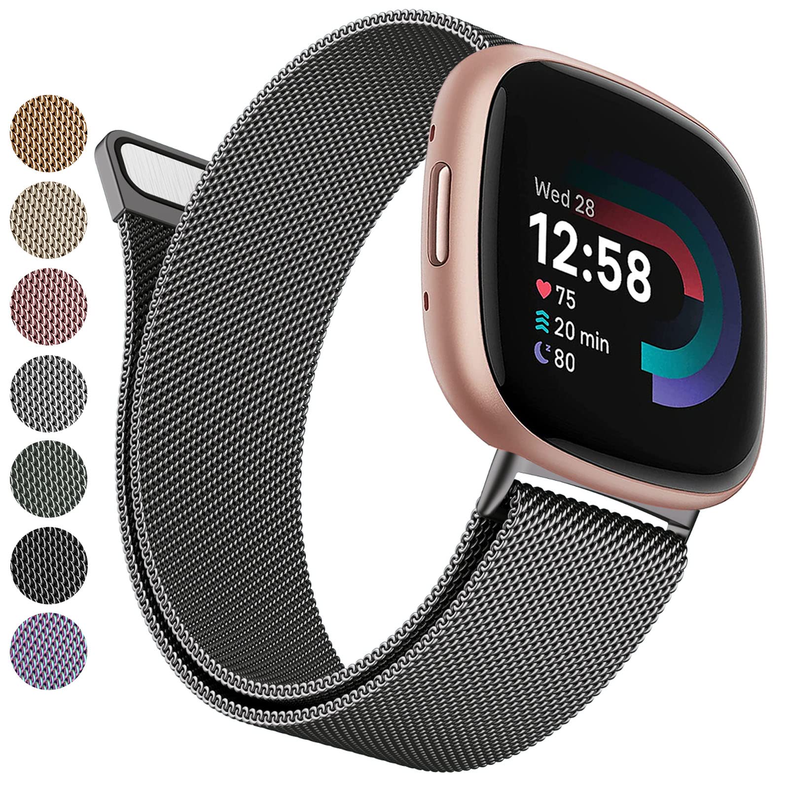 Versa 3/4, Sense/Sense 2 Compatible Strap - Breathable Stainless Steel Mesh Loop Wristband for Women Men (Dark Grey, Small)