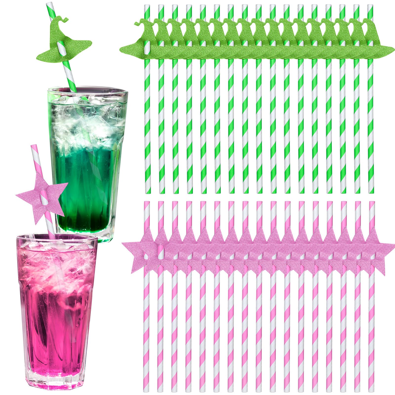 Photo 1 of 100 Pcs Pink and Green Disposable Straws for Princess and Wizard Witch Party Paper Straws Bulk Holiday BFF Enchanted Musical Birthday Themed Party Supplies