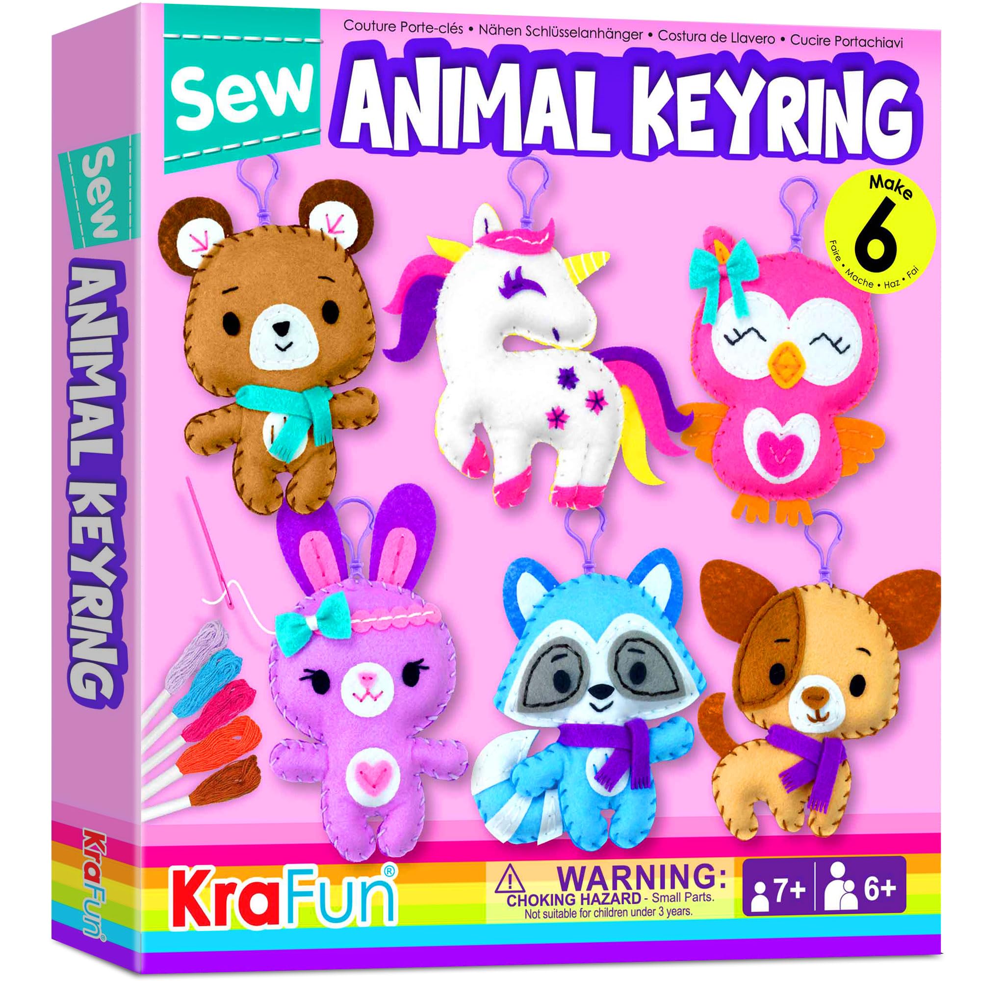 KRAFUN Unicorn Sewing Keyring Kit for Kids Age 7 8 9 10 11 12 Learn Art & Craft, Includes 6 Stuffed Animal Bear, Dog, Rabbit, Raccoon, Owl Dolls, Instruction & Felt Materials