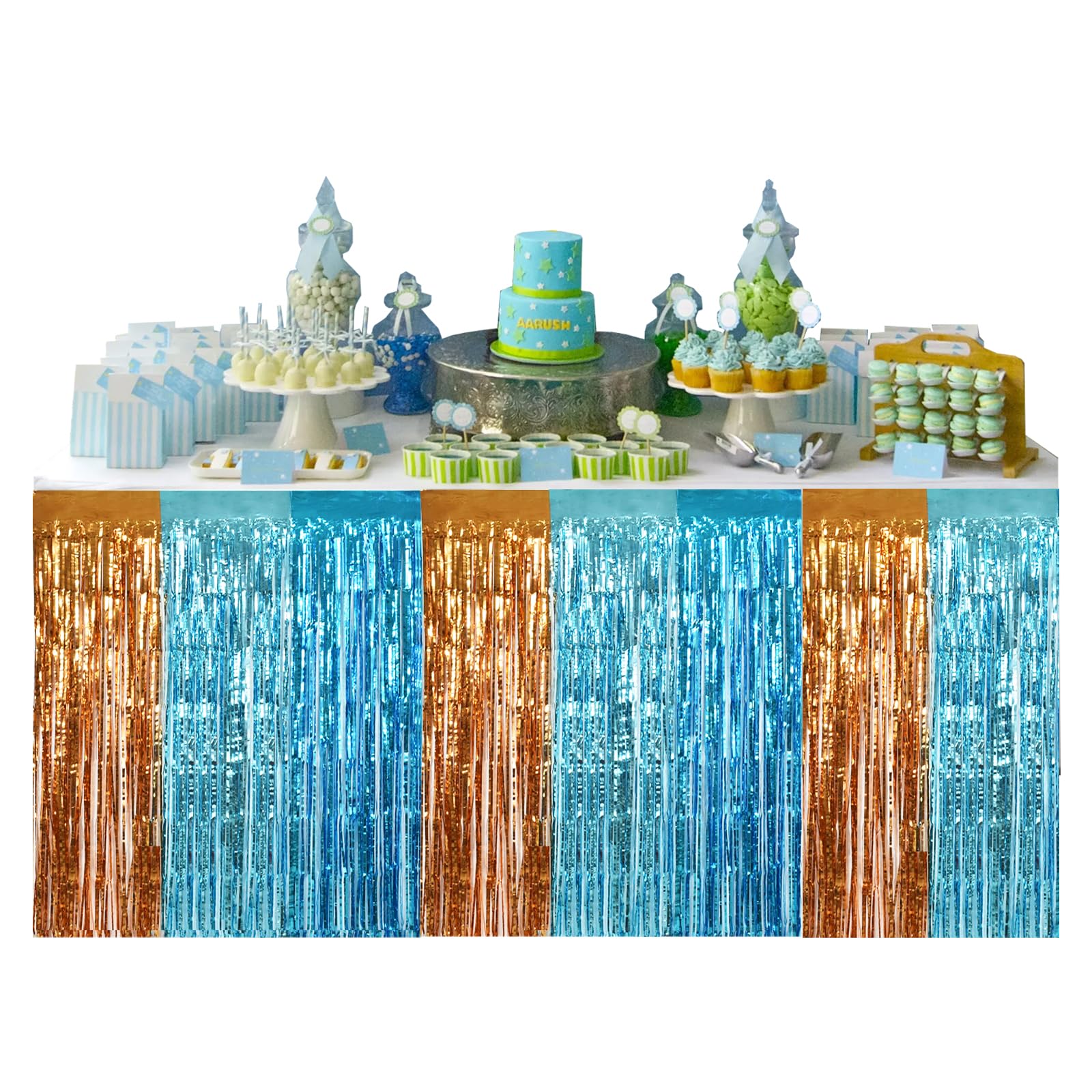 Photo 1 of 2 Packs Metallic Foil Fringe Table Skirt Orange Blue Light Blue Tinsel Table Skirt Garland for Rectangle Tables Hotel Floats Christmas Birthday Wedding Party Decoration (108 X 29 inch)