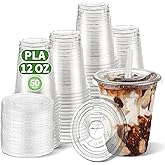 CCWOFF 12 OZ Compostable Clear Plastic Disposable Iced Coffee Cups with Flat Lids, Biodegradable Cold Drinking Cups To Go Coffee for Party, Smoothie, Boba Tea, Slushy, Lemonade 50 Sets
