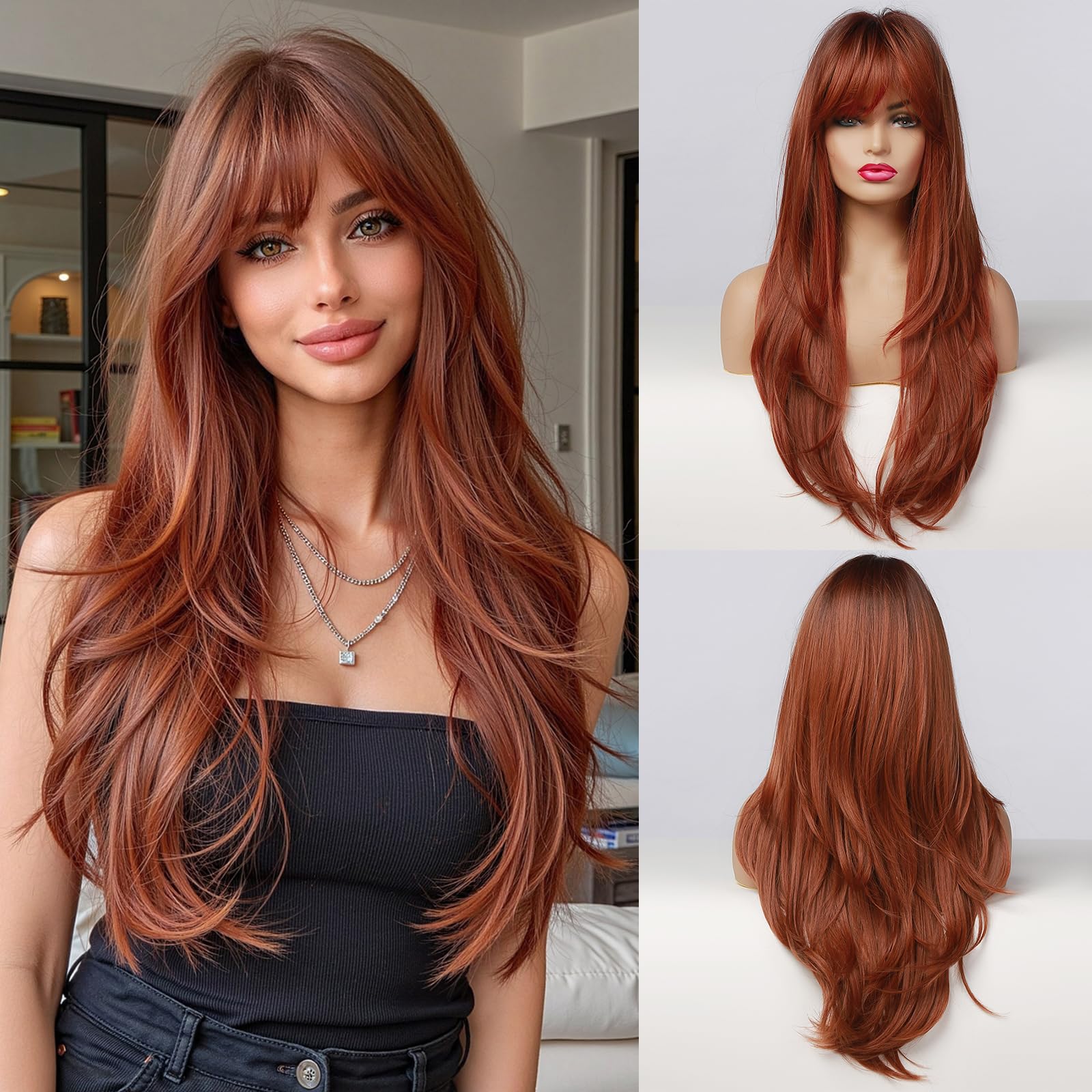 Esmee Long Straight Auburn Natural Synthetic Hair Layered Wigs for Women with Dark Roots for Daily Party Use-24 Inches