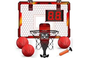 HYES Mini Basketball Hoop Indoor with 7 LED Lighting, Scoreboard, 3 Modes, Volume Adjustable, Over Door Basketball Hoop Foldable, Basketball Toys for Kids Adults Gifts (Red)