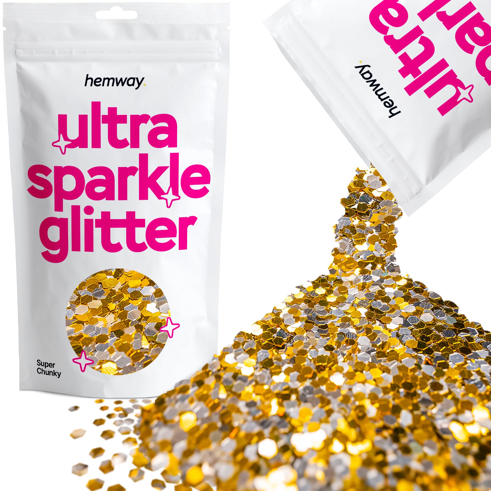 Hemway Ultra Sparkle Glitter Gold Silver 100g Super Chunky | Glitter for Arts & Craft, Makeup, Nail Art, Crafting, Card Making, Sparkle Decoration