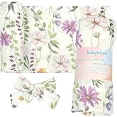 Baby Muslin Swaddle Blankets for Boys & Girls, Newborn Swaddle Set with Matching Headband Bow, 47 x 47 inches, Neutral Infant Blanket Wrap, Wildflower Pattern, 70% Viscose from Bamboo and 30% Cotton