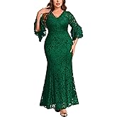 Miusol Women's Plus Size Floral Lace Ruffle Bell Sleeve V Neck Mermaid Hem Formal Maxi Dress