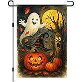 BlissYard Halloween Ghost Garden Flag 12x18 Inch Spooky Pumpkin Flag Tree Full Moon Small Yard Banner Double Sided Polyester Fall Outdoor Decoration for Porch Garden Lawn Pathway
