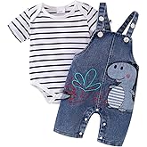 ODIMAME Baby Boy Clothes Newborn Striped Romper Summer Outfits + Infant Cartoon Animals Jeans Suspender Overalls 0-18 Months