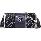 True Religion Barrel Bag, Studded Zip Top Purse with Chain Handle, Adjustable Crossbody Strap and Gold Hardware