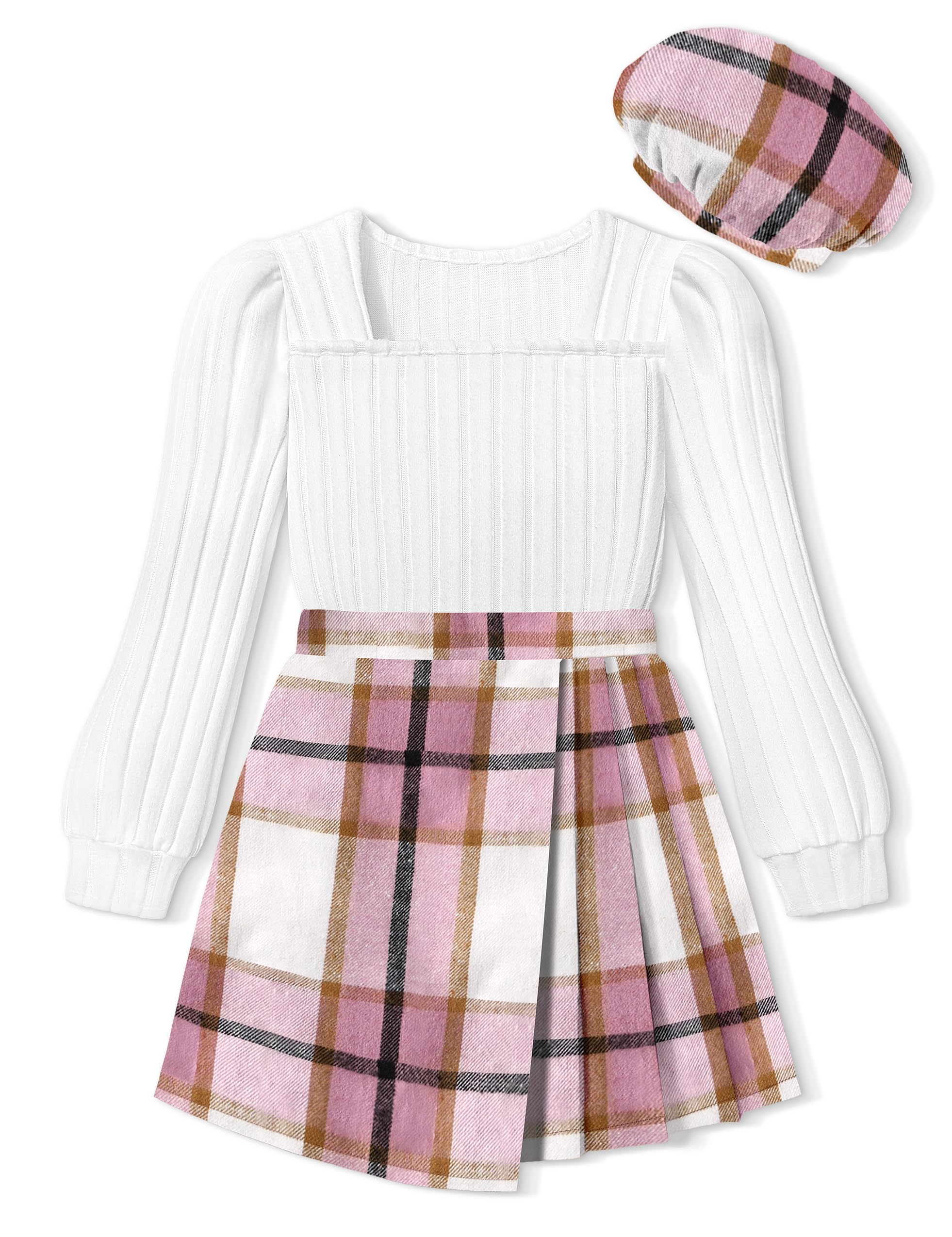 Photo 1 of (missing beret) NECIOUS Girls Clothes Size 10-12 Girls Fall Outfits Winter Skirt Set White Puff Sleeve Tops Pink Plaid Mini Skirts Shorts Beret 3 Piece Clothing Sets Dress