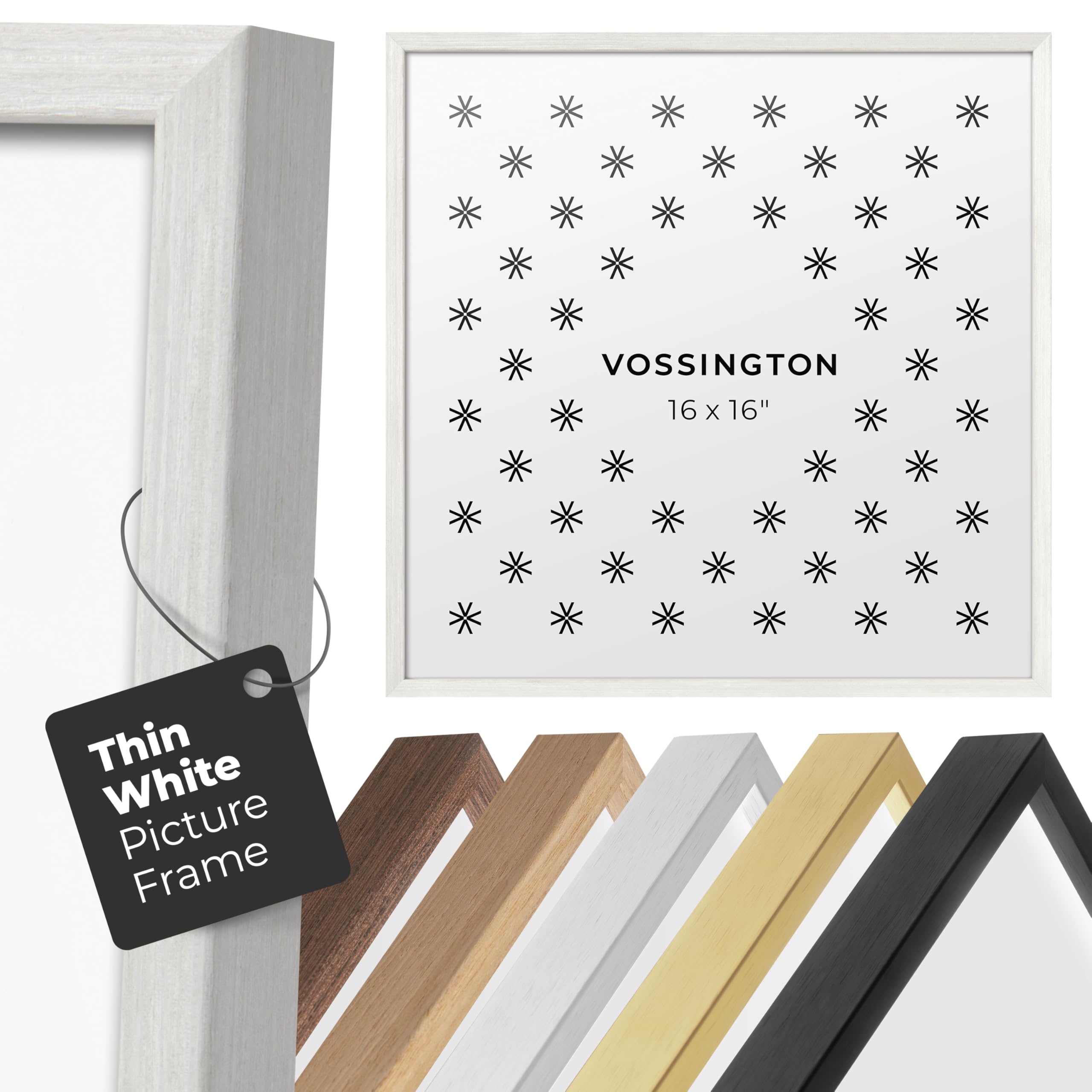 Photo 1 of Vossington Thin 16x16 Picture Frame - White Frame Color (Real Wood Grain Finish) - Slim & Modern Frame Design - Fits 1 Photo, Art Print, or Poster (16 x 16 Inches)