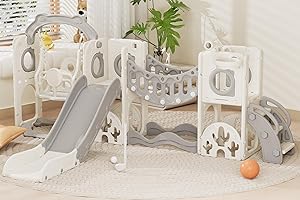 67i Toddler Indoor Playground Slide and Swing Set with Climbing Arch, Golf, Basketball - Outdoor Playset for Toddlers 1-3, Kids Activity Center​ (White Gray, with Swing)