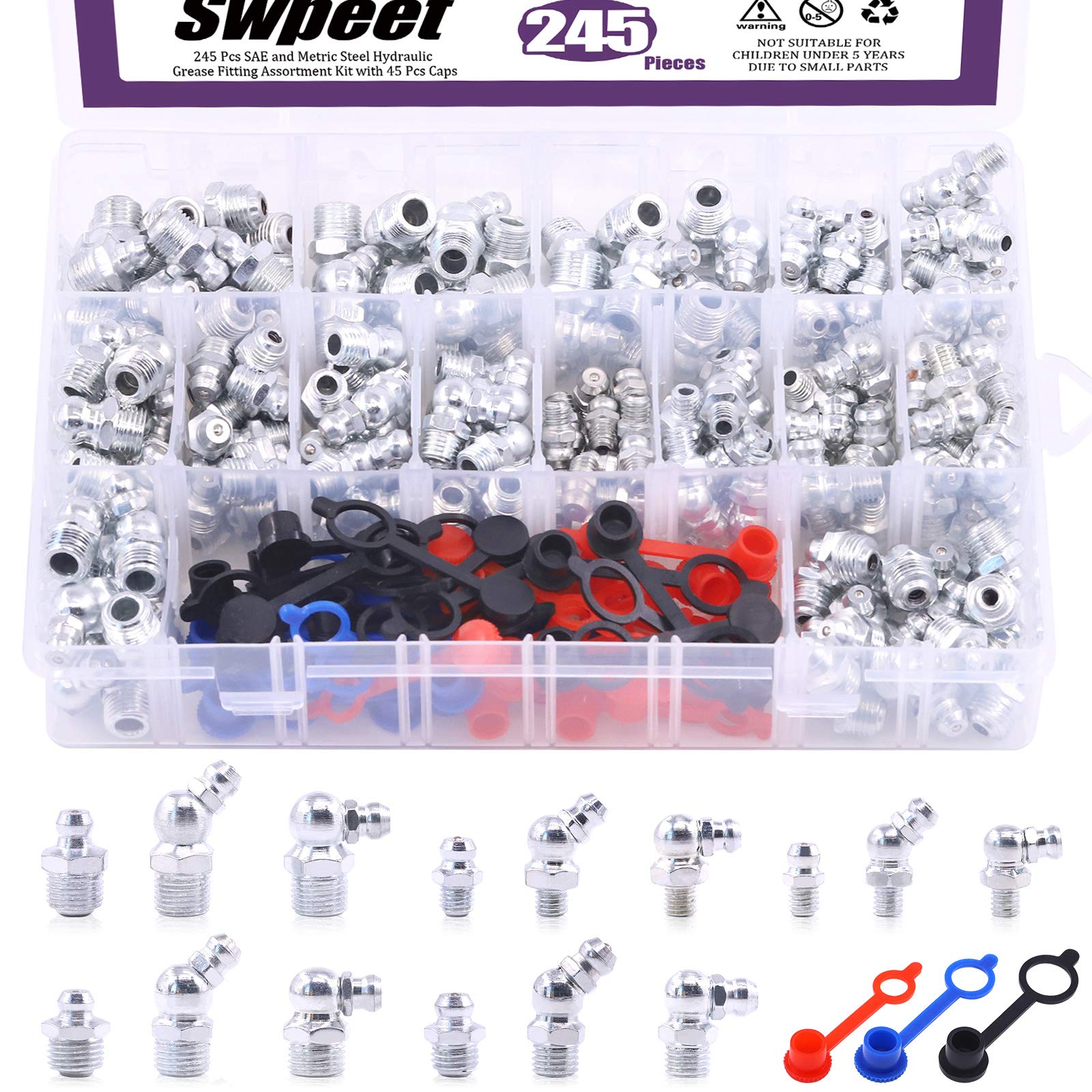 Swpeet 246Pcs SAE & Metric Grease Nipple Assortment Kit, Hydraulic Grease Fittings Standard with Plastic Grease Fitting Cap – 1/4", 1/8" M6 M8 M10 Straight, 90 Degree, 45 Degree Angled Grease Zerks
