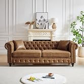 Mid Century Modern Couch, 85.5"W High-Tech Fabric Button Tufted Oversized Loveseat Sofa with Nailhead Trim &amp; Roll Armrests, Deep Seat Comfy Chesterfield Sofa for Living Room, Office(3 Seater, Brown)