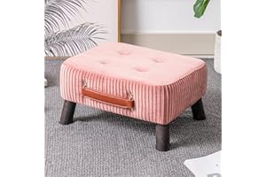 DURFII Small Foot Stool Ottoman, Pink Velvet Ottoman Rectangle Footrest, Bedside Step Stool with Wood Legs, Small Rectangular Stool, Foot Rest for Couch, Small Ottoman for Desk, Living Room, Bedroom, Patio