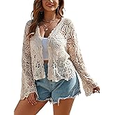 BEAUDRM Women's Plus Size Hollow Out Cardigan Button Down Long Sleeve Knit Sweaters Outerwear Casual Knitwear