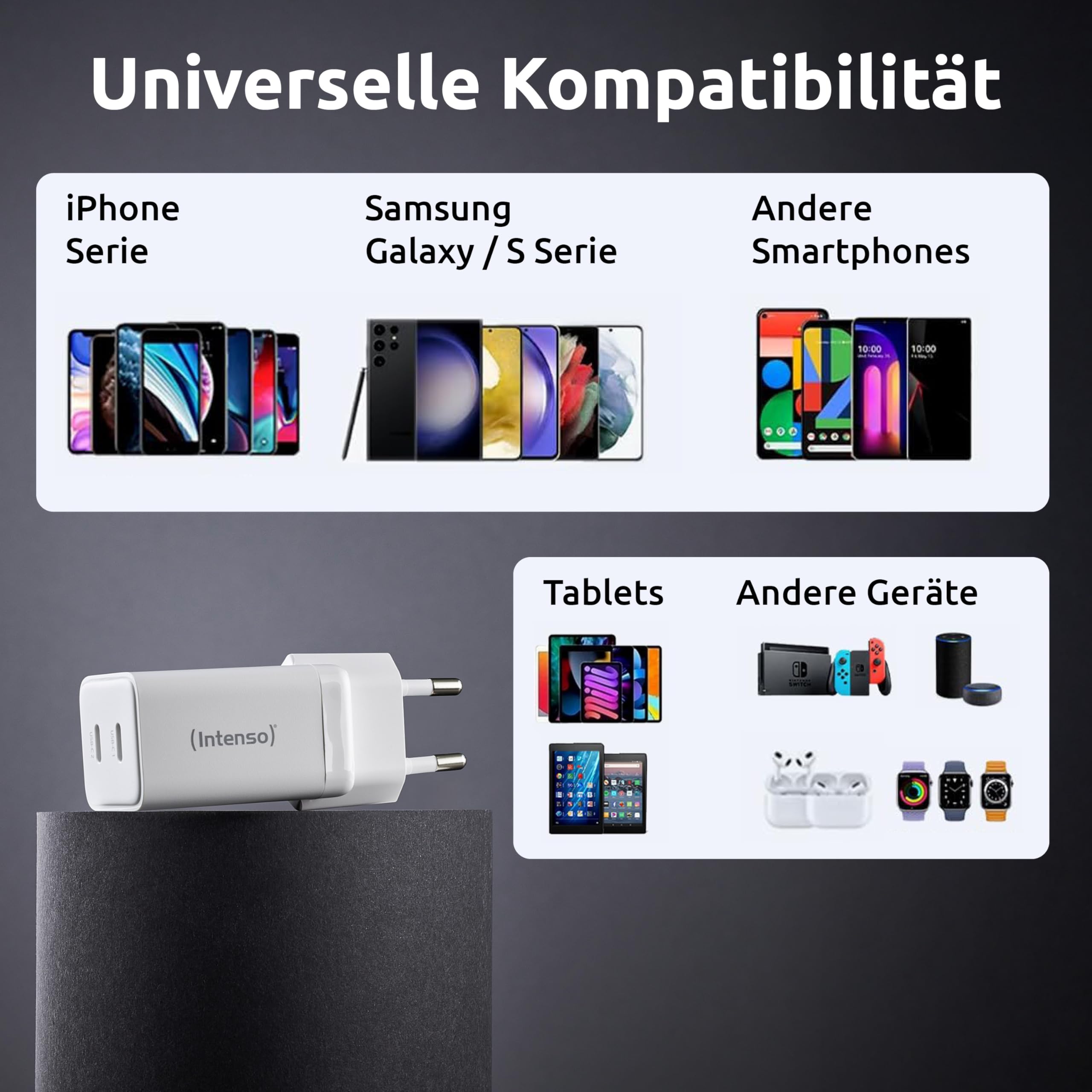 Intenso Power Adapter W40CC GaN, USB-C Netzteil mit 2 USB-C Anschlüssen, 40 Watt und GaN-Technologie für Smartphone, Laptop und mehr, weiß 8