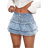 WDIRARA Women's Tiered Layer Ruffle Denim Skorts Y2k Button Front Mini Skirt Shorts