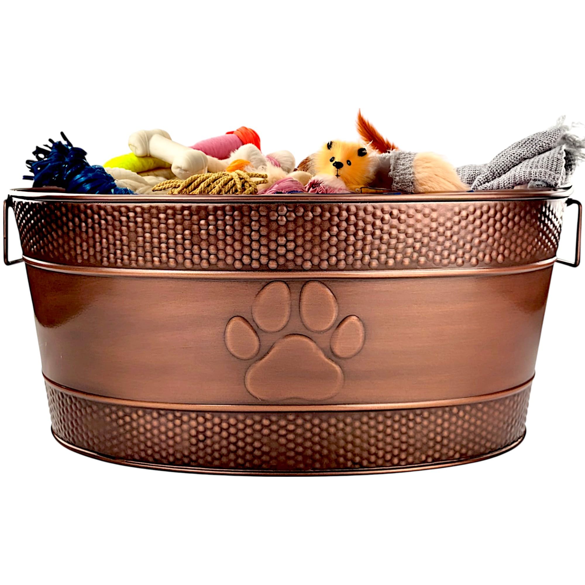 BREKX Indestructible Metal Dog Toy Bin - Copper Galvanized Storage Bin with Handles, Puppy Basket for Dog Storage, Blankets, & Leashes, Paw Pet Toy Box (25-Quart)