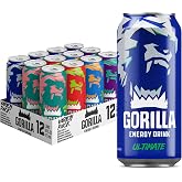 Gorilla Energy Drink, Variety Pack, 200mg Plant-Based Caffeine, 12 Pack | Real fruit juice; L-Theanine, Taurine, Ginseng, Acetyl L-Carnitine; no added sugar, no artificial colors, 16 Oz can