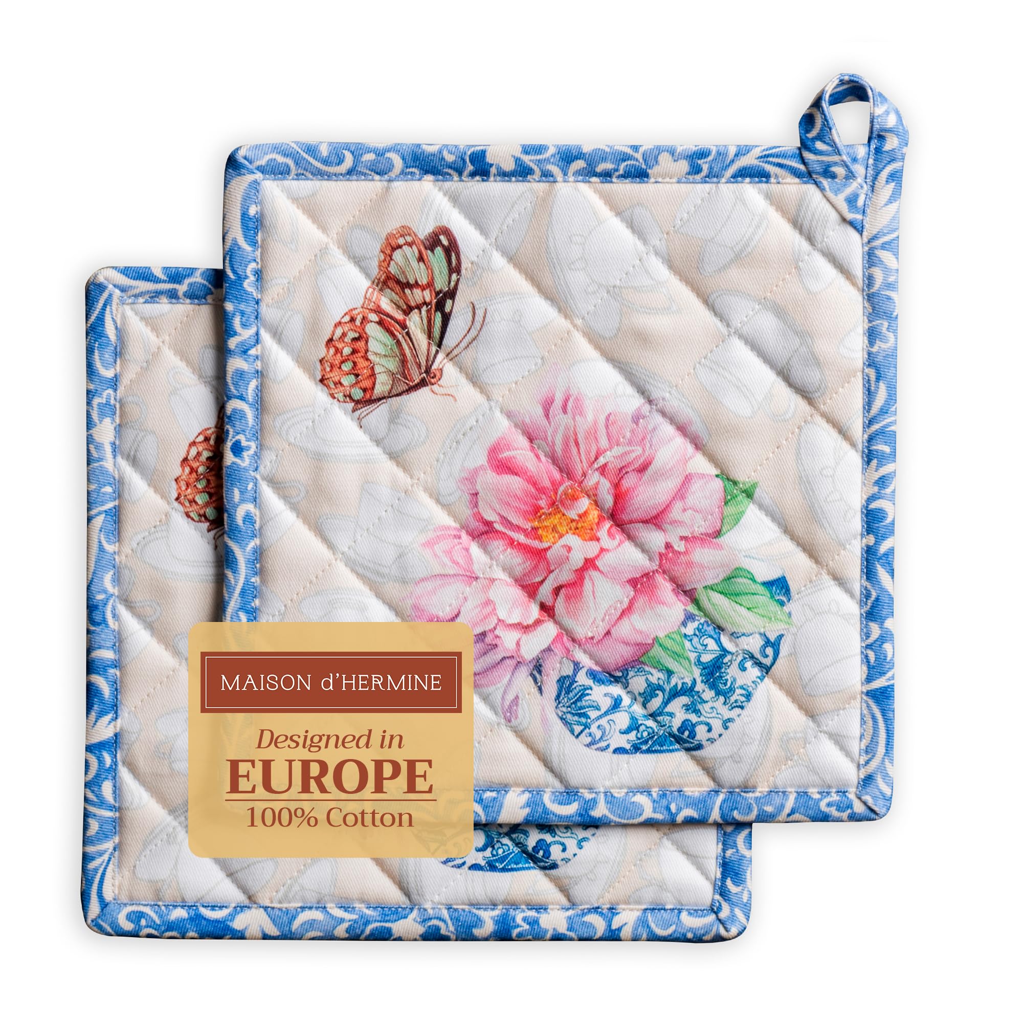 Maison d' Hermine Pot Holders Set 100% Cotton Heat Resistant Potholders 20 cm x 20 cm Hot Pads with Loop for BBQ Cooking Baking Handling Hot Pans Gifts for Mothers Day (Pack of 2, Canton)