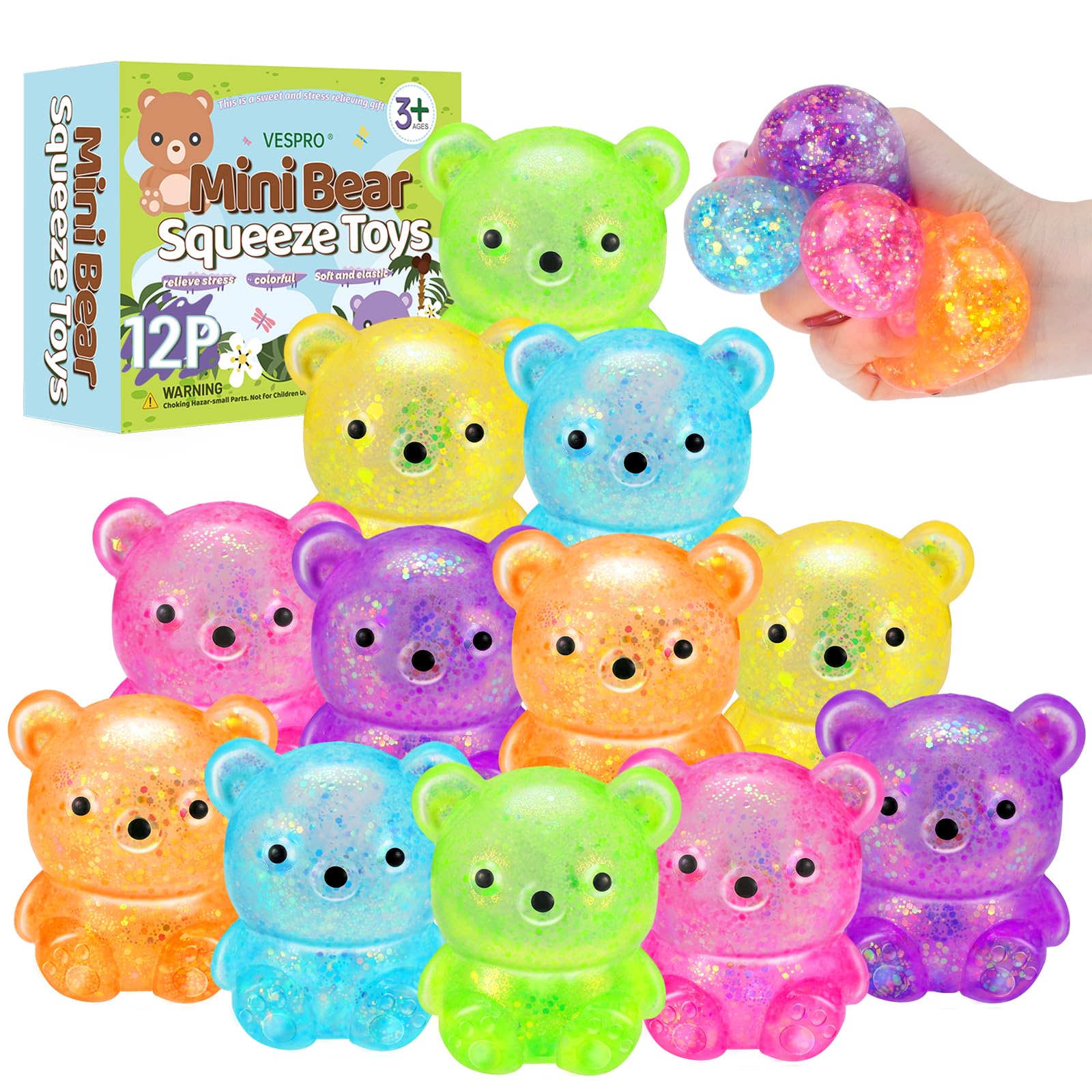 VESPRO 12Pack Fidget Toys Squishy ,Cute Bear Squeeze Ball