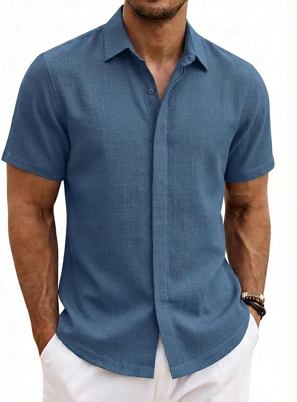 Camisa Hombre Manga Corta Verano 100% Algodón Camisas Hombre Casual Regular Fit Azul Marino XL
