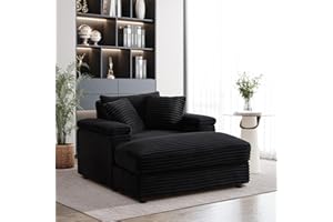 ATUMON 44" Oversized Corduroy Chaise Longue Indoor,Comfy Thicked Upholstered Pad Lounge Chair with Ottoman,Soild Wood Sleeper Reclining Chair,Deep Seat Couch for Living Room-Black