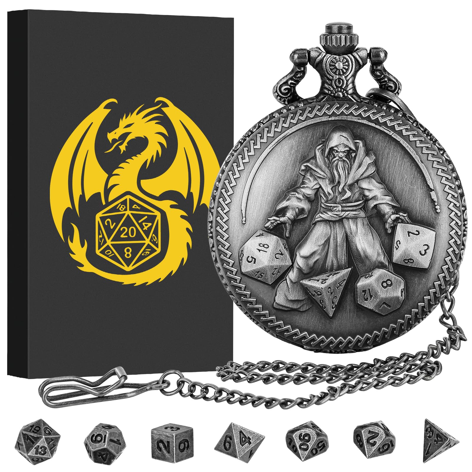 Mini DND Dice Set, Hand held Dice Wizard Pocket Watch Shell Case, 7 Piece Polyhedral Metal D&D Dice Set, D&D Gifts with Gift Box, Role Playing Board Game Accessories, Silver