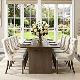 Nimaolt Farmhouse Extendable Dining Room Table Set for 8, 63"-79" Walnut Wood Kitchen Table Set with 8 Velvet Tufted Chairs Large Expandable Dining Table Set with Fluted Double Storage Base