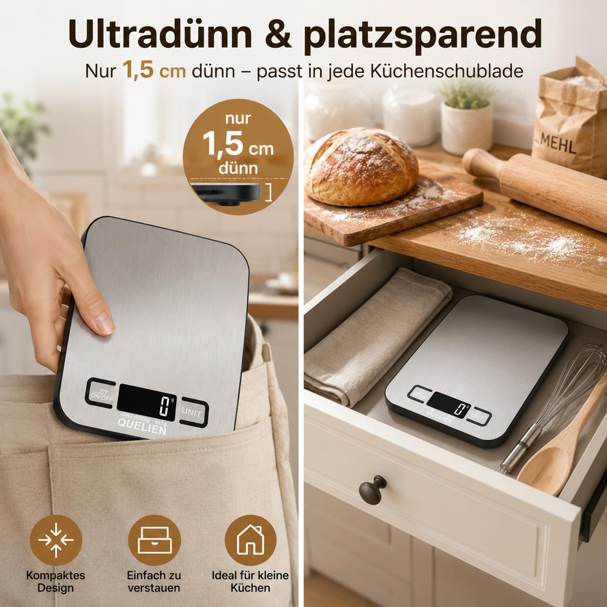 Digitale Küchenwaage Aus Edelstahl, USB-Aufladbar, 5 kg/1 g Präzision, 6 Einheiten, Tara-Funktion, LCD-Display – Ideal Für Kochen, Backen Und Große Mengen 7