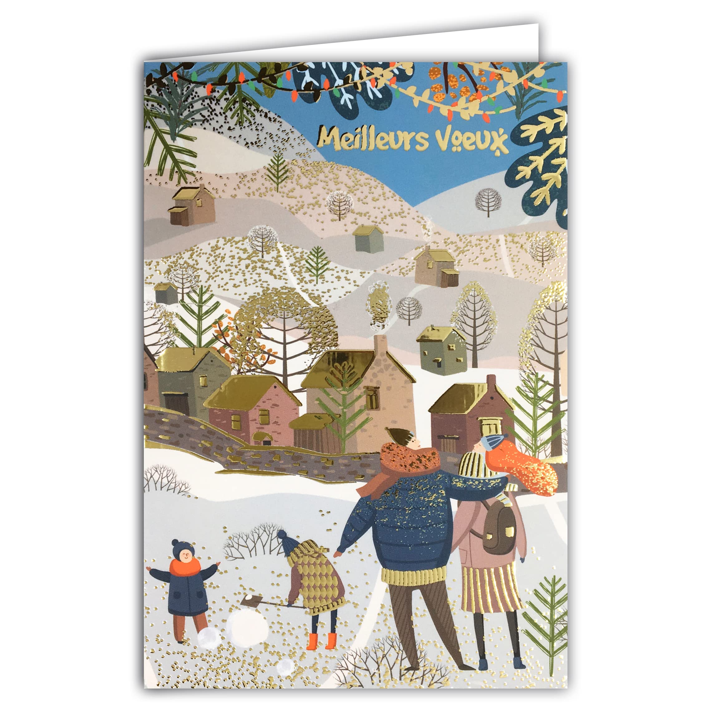 Afie 61-5620 Greeting Card Best Wishes Silver Shiny Glitter Family Children Snowman Village Under Snow Good Holidays of the Year with White Envelope