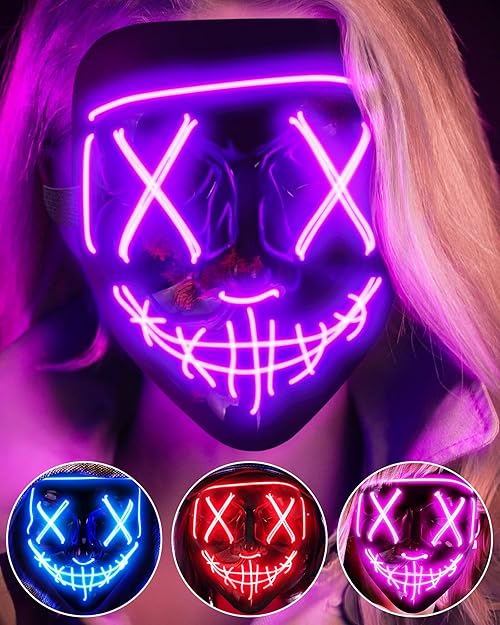 AnanBros Scary LED Halloween Mask, Light up Mask Cosplay, LED Rave Face Mask Costume 3 Lighting Modes, Halloween Face Masks for Men Women Kids - Purple