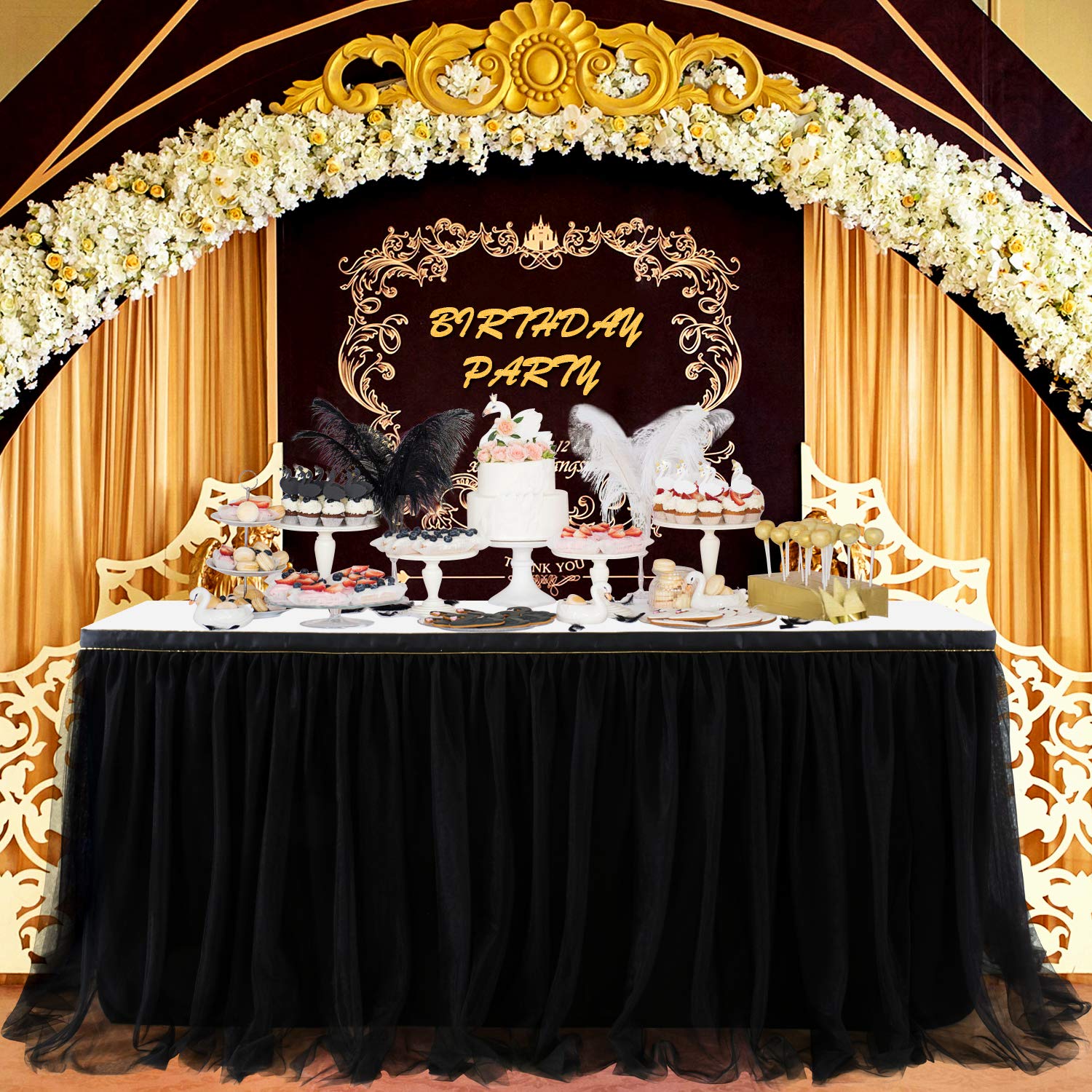 Suppromo 9ft Black Table Skirts for Rectangle Tables or Round Tables Black Tutu Table Cloth for Black Gold Happy Birthday Party, Wedding, Baby Shower, Graduation, Halloween Party Decorations Image