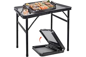 FORUP Small Folding Table, Camping Table with Mesh Desktop, Portable Picnic Table with Carry Handle, Height Adjustable Portable Grill Table for Outside Inside Use