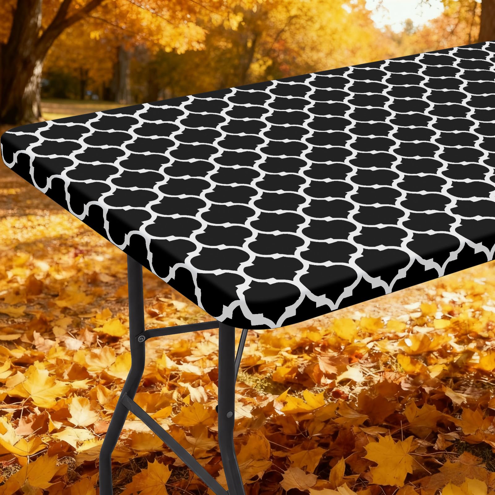 Photo 1 of Smiry Rectangle Picnic Table Cover, Waterproof Elastic Fitted Camping Tablecloths for 4 Foot Tables, Wipeable Flannel Backed Vinyl Tablecloth Protector for Indoor, Outdoor (Black, 24x48 Inches)